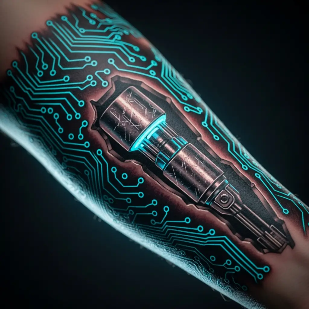 Cyberpunk Tattoo mit Schaltkreis-Linien und Neon-Farben am Unterarm