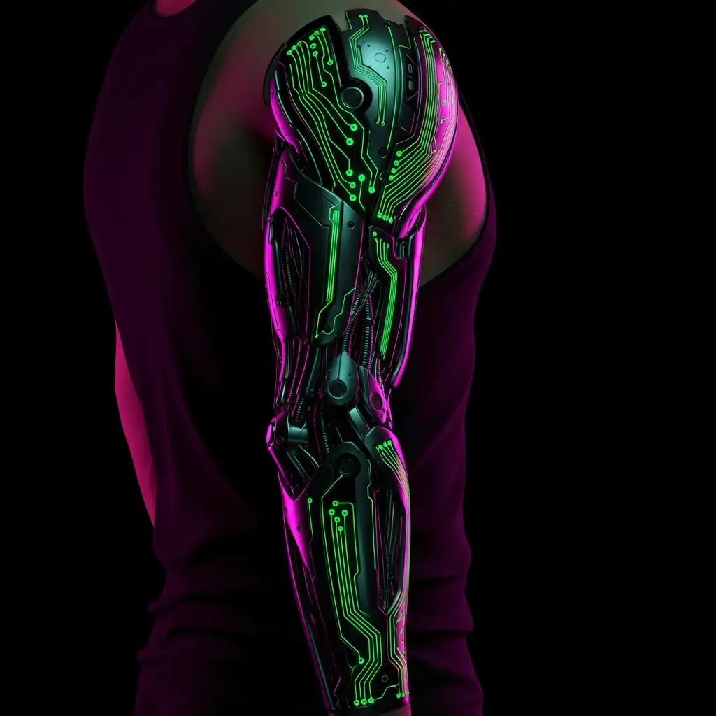 Cyberpunk Tattoo Sleeve mit kybernetischen Elementen und Neongrün