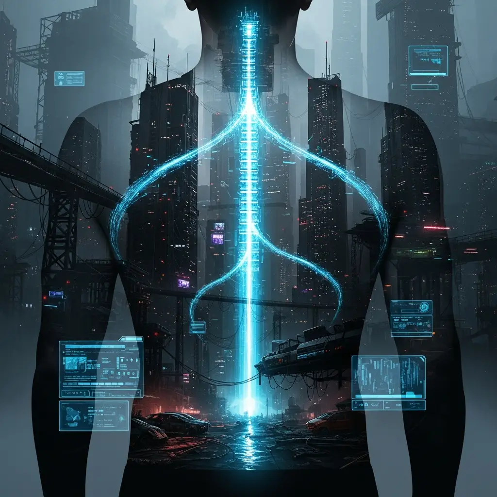 Cyberpunk Tattoo Rücken mit dystopischer Stadtsilhouette und Datenstrom