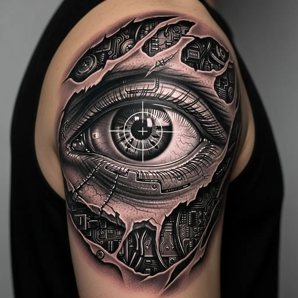 Cyberpunk Tattoo Schwarz-Grau mit mechanischem Auge und Zielvisier