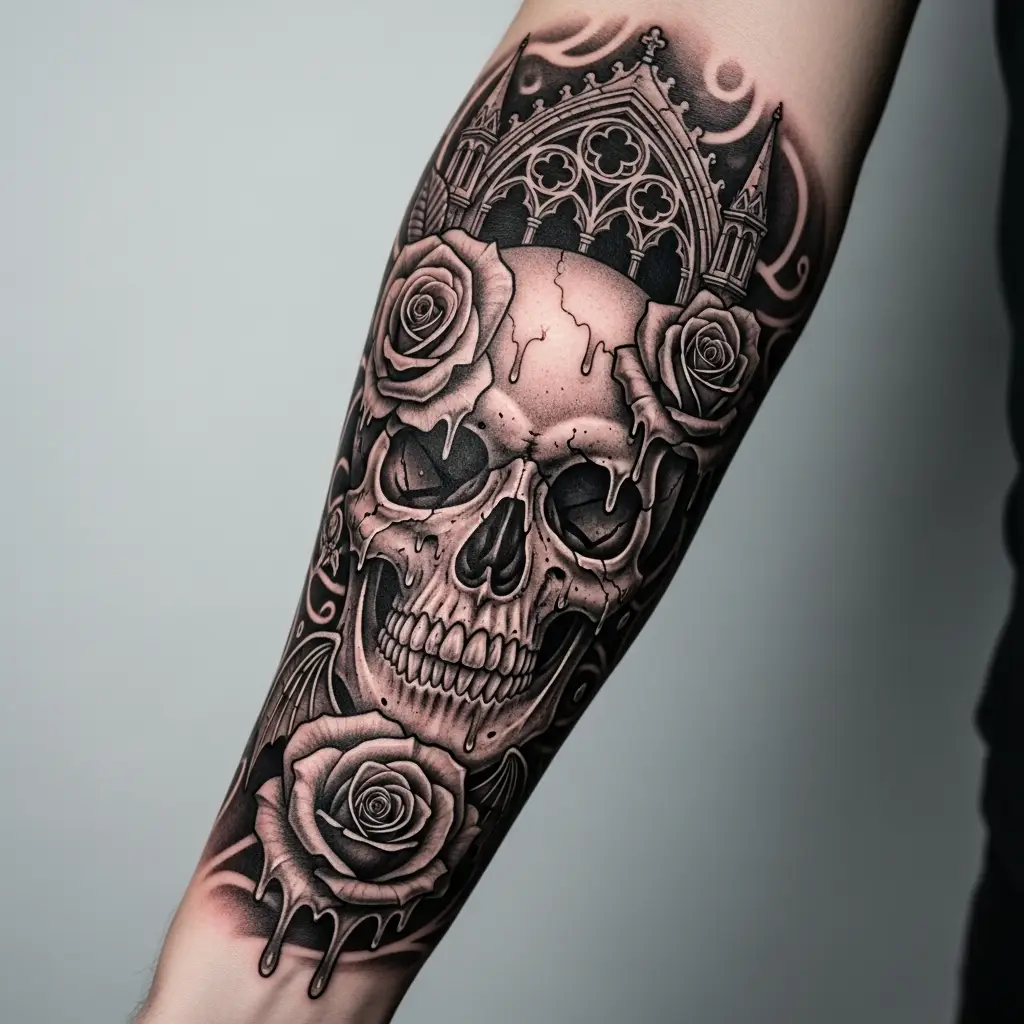Dark Art Tattoo mit Schädelmotiv und dramatischen Schwarz-Grau-Schattierungen auf dem Unterarm