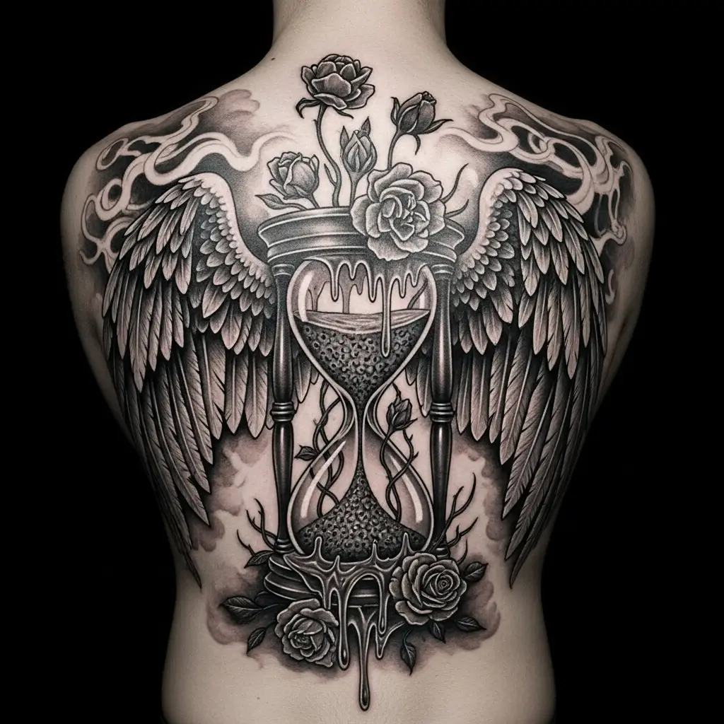 Dark Art Tattoo mit gefallenem Engel und surrealen Elementen auf dem Ruecken