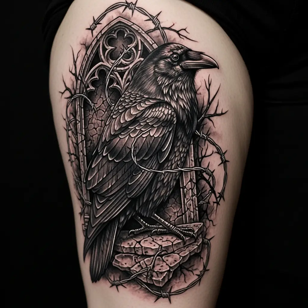 Dark Art Tattoo mit Rabenportrait und gotischen Symbolen auf dem Oberschenkel