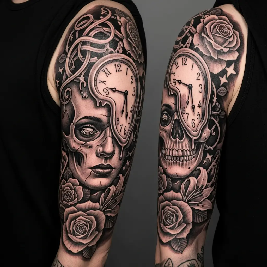 Dark Art Tattoo Sleeve mit surrealen Portraets und Vanitas-Symbolen am Oberarm