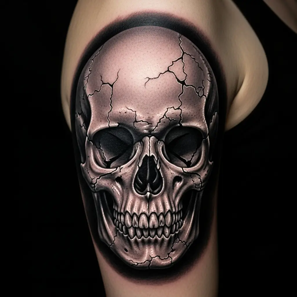 Dark Realism Tattoo mit detailliertem Totenschädel und weichen Graustufen