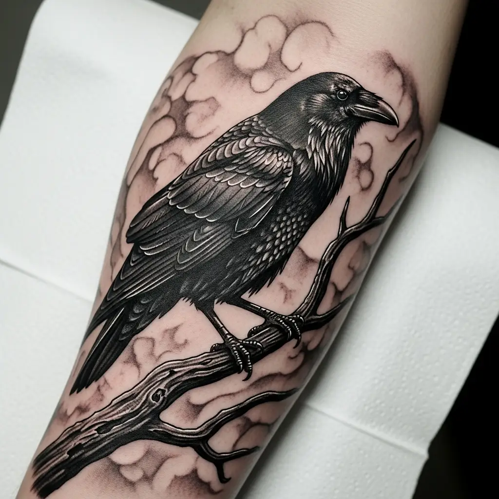 Dark Realism Tattoo eines realistischen Raben auf dem Oberarm in Schwarzgrau