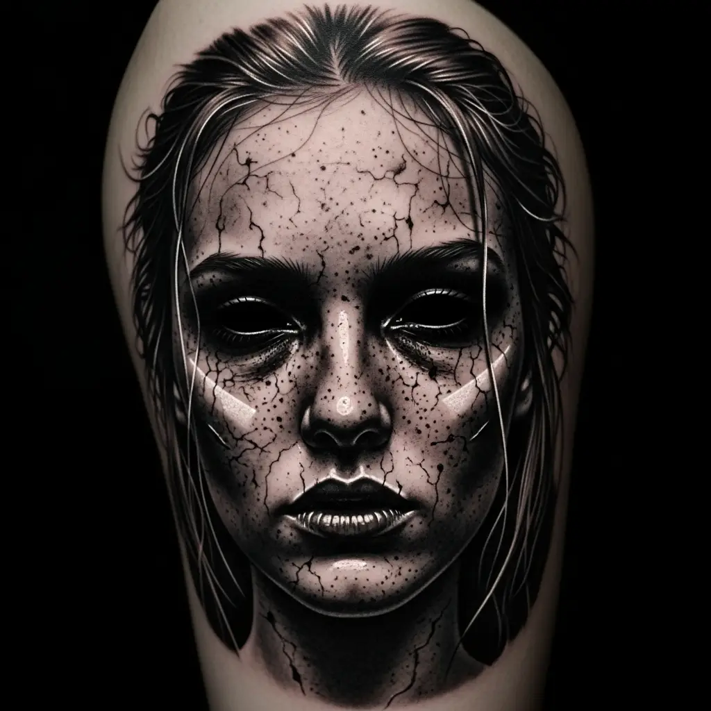 Dark Realism Tattoo eines melancholischen Porträts mit leeren Augen auf dem Oberschenkel