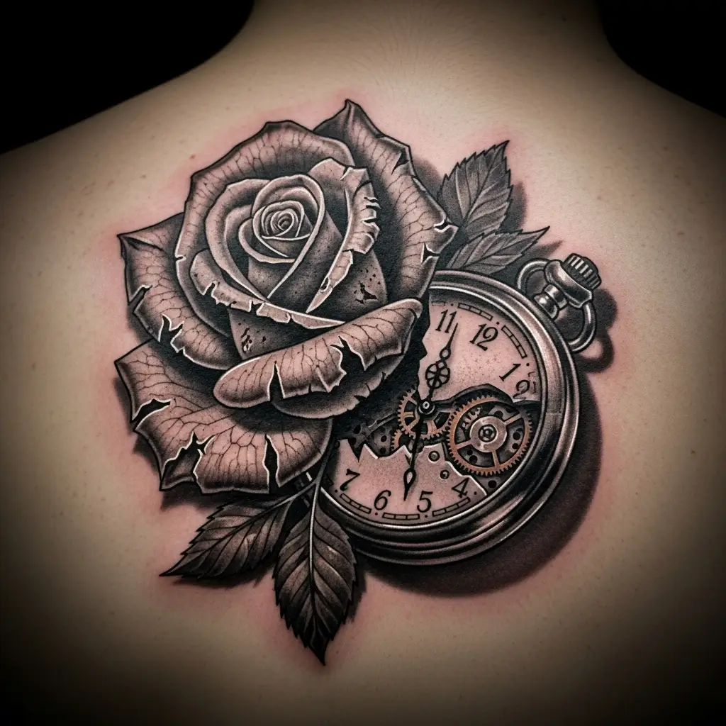 Dark Realism Tattoo mit verwelkter Rose und zerfallender Taschenuhr als Vanitas-Motiv