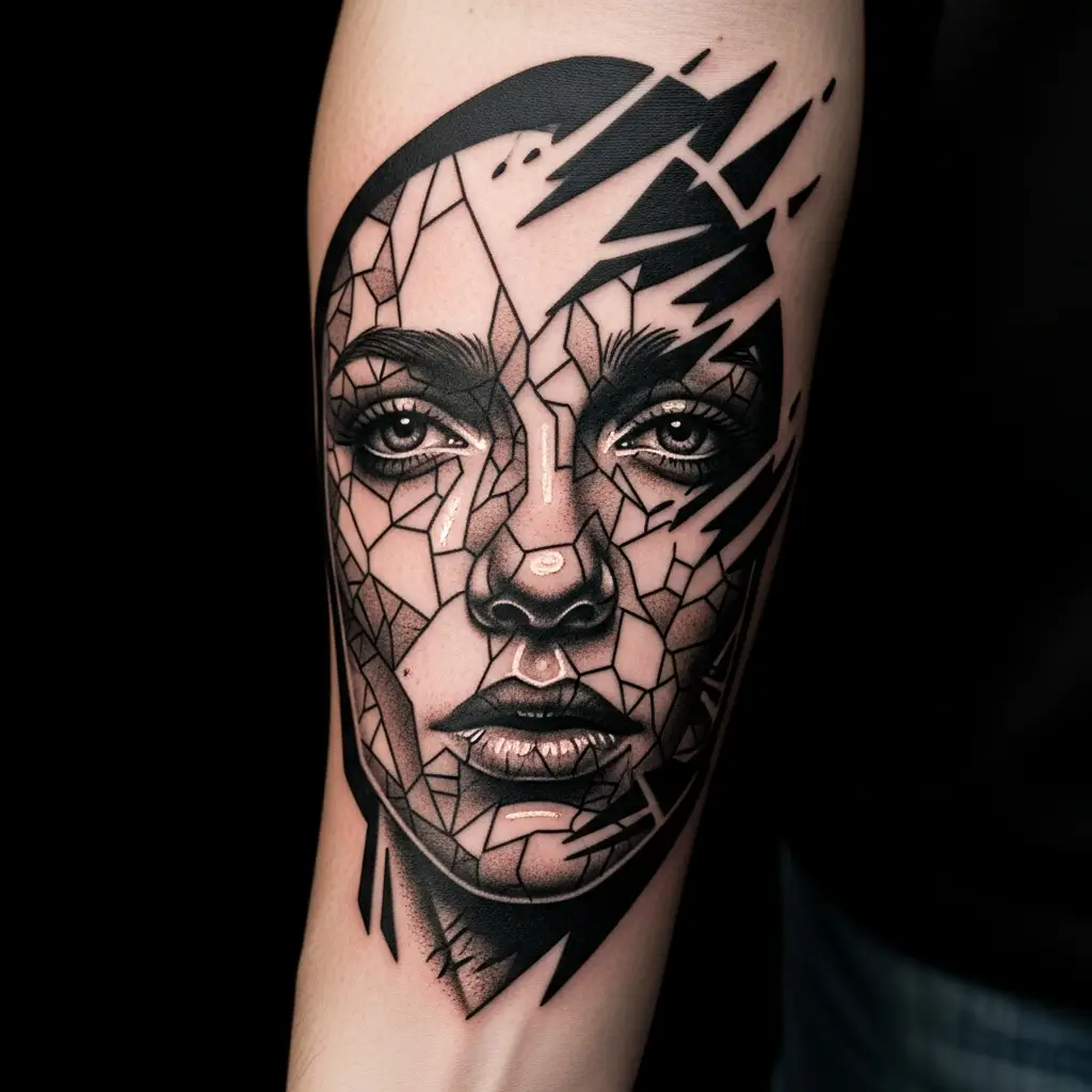 Deconstructed Tattoo mit fragmentiertem Portrait auf dem Unterarm