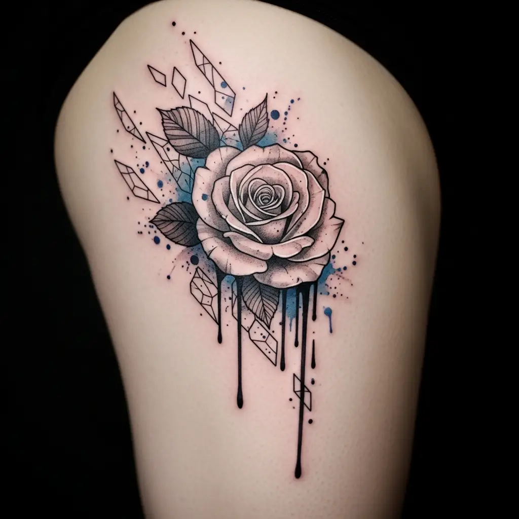 Deconstructed Tattoo mit aufgeloester Blumenkomposition auf dem Oberschenkel