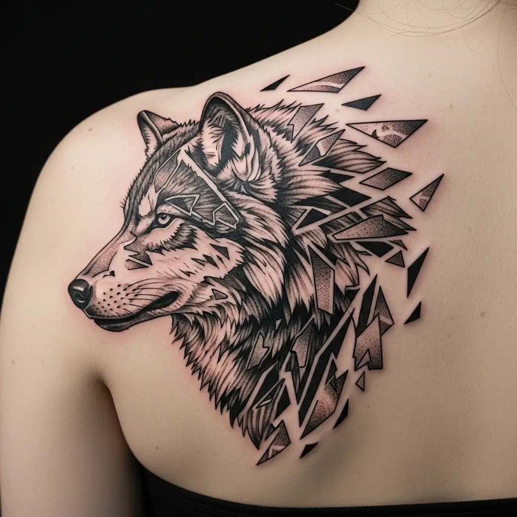 Deconstructed Tattoo abstraktes Tier-Motiv auf dem Schulterblatt