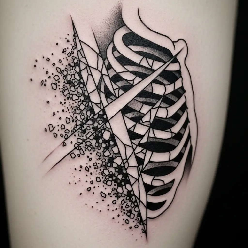 Deconstructed Tattoo geometrische Fragmentierung auf dem Rippenbogen