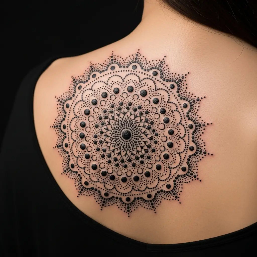 Detailliertes Dotwork Tattoo Mandala auf dem oberen Rücken einer Frau