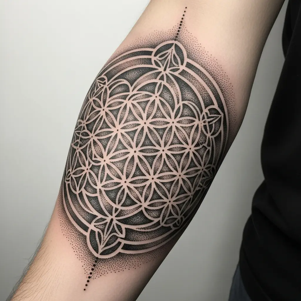 Geometrisches Dotwork Tattoo mit sakraler Geometrie auf dem Unterarm