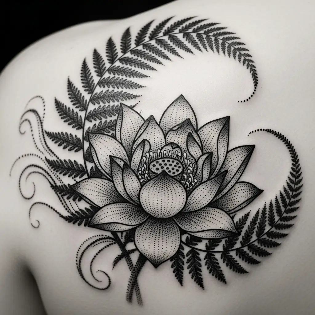 Botanisches Dotwork Tattoo mit Lotusblüte und Farnblättern am Schulterblatt