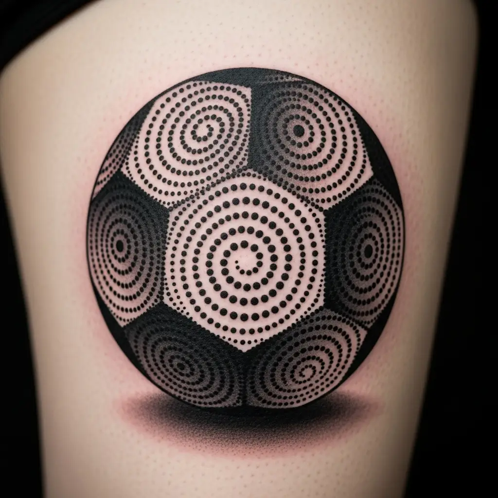 Hand-Poke Dotwork Tattoo mit geometrischer Kugel auf dem Oberschenkel