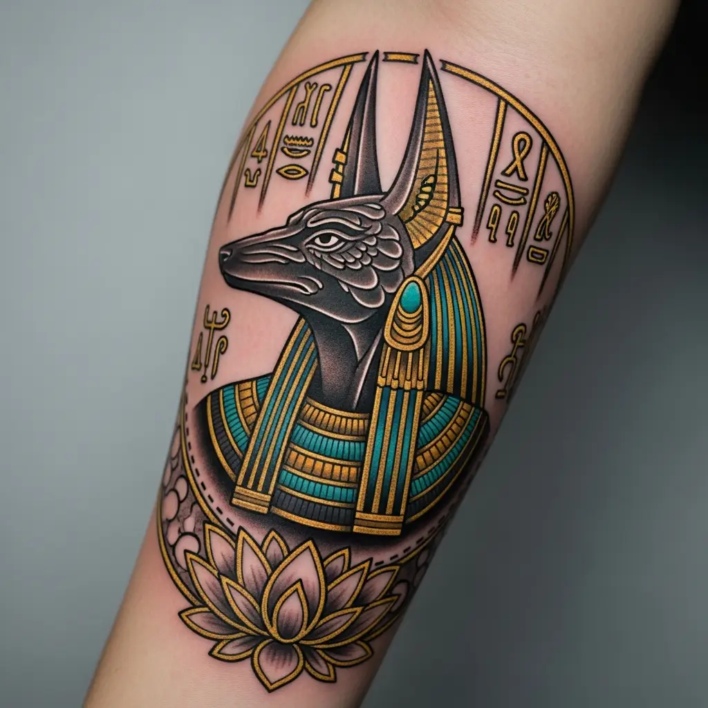 Egyptian Tattoo mit Anubis-Darstellung und Hieroglyphen am Unterarm