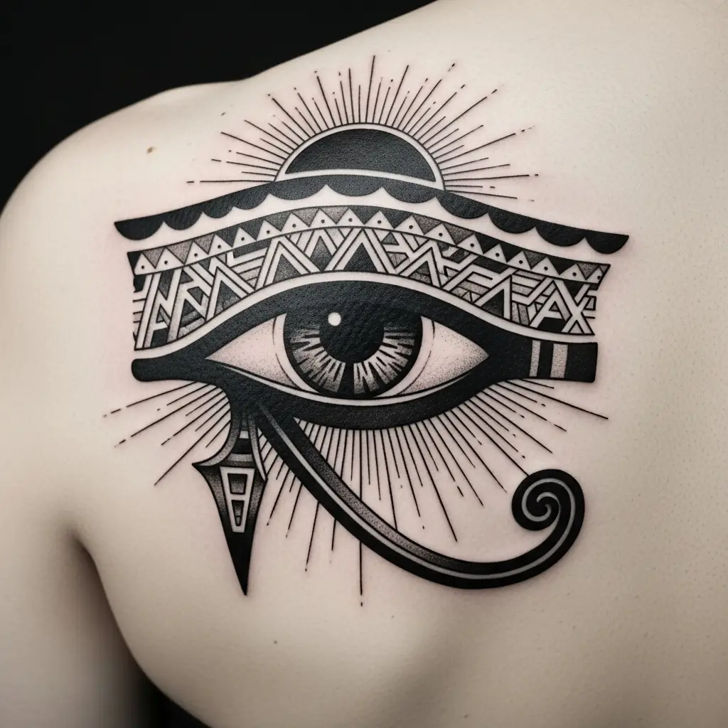 Egyptian Tattoo Horusauge mit Sonnenscheibe auf der Schulter in Blackwork