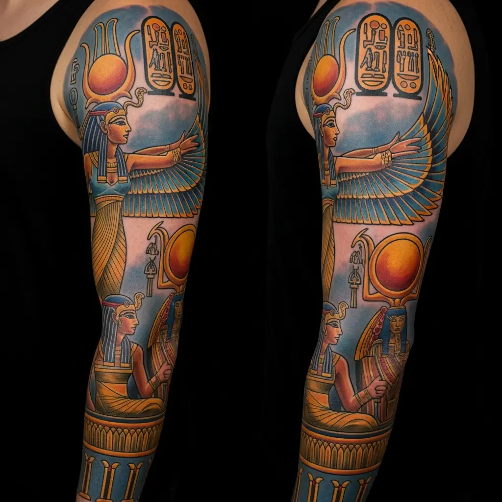 Farbiges Egyptian Tattoo Sleeve mit Isis, Ra und Hieroglyphen am ganzen Arm