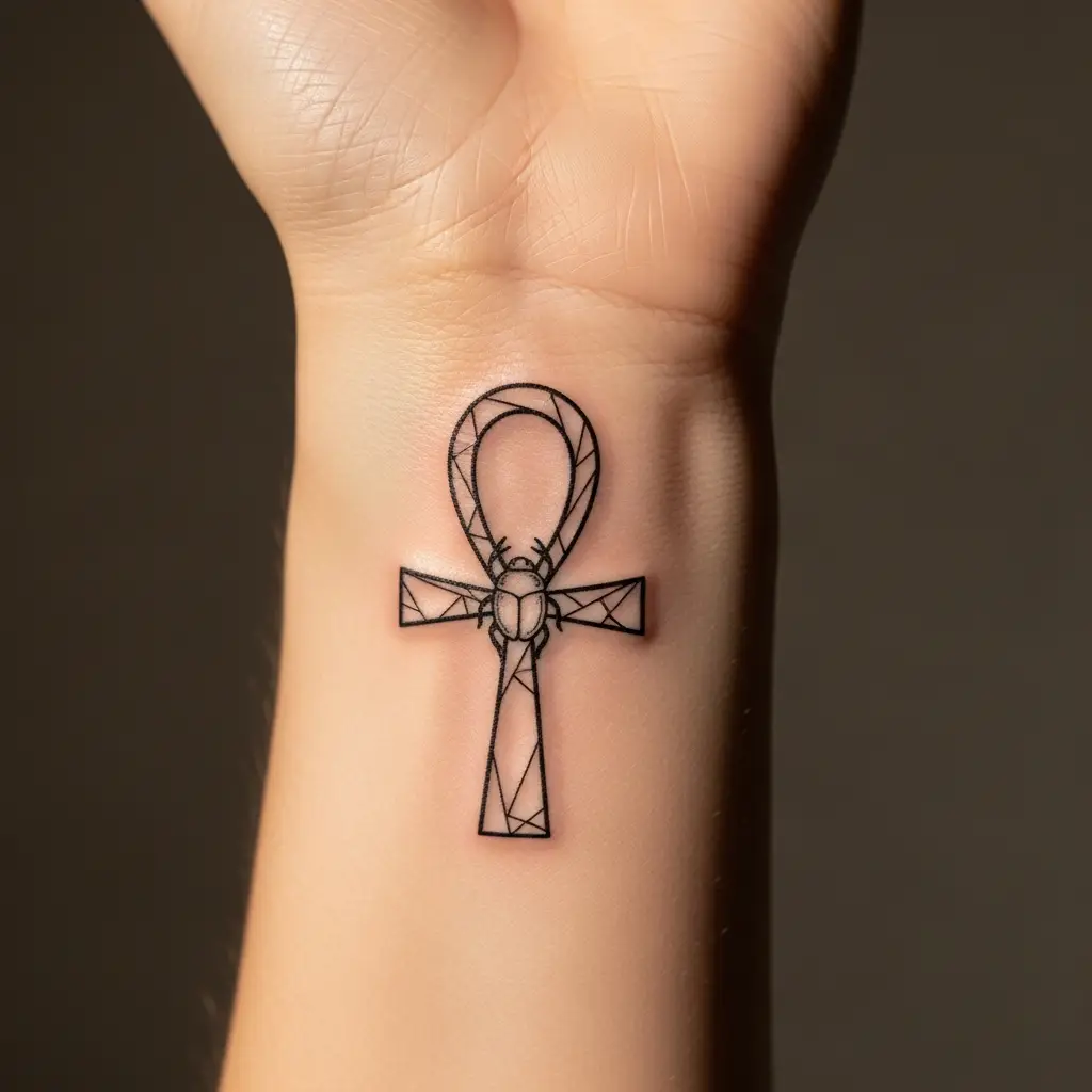 Minimalistisches Egyptian Tattoo Ankh-Symbol am Handgelenk in feiner Linienführung