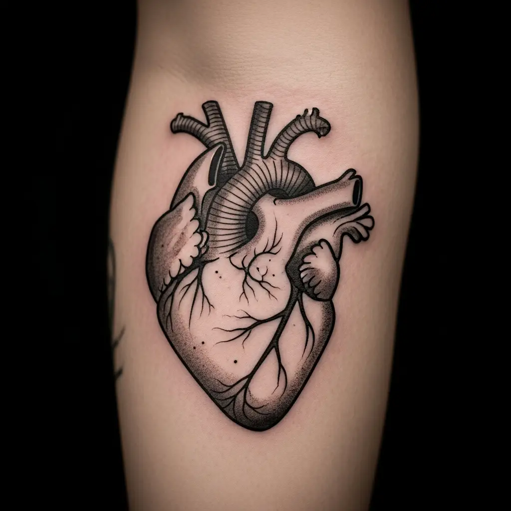 Engraving Tattoo mit anatomischer Herzdarstellung im Kupferstich-Stil am Unterarm
