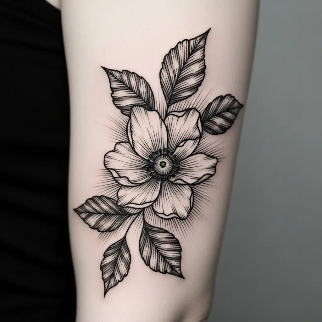 Detailliertes Engraving Tattoo mit botanischer Illustration und Kreuzschraffur auf dem Oberarm