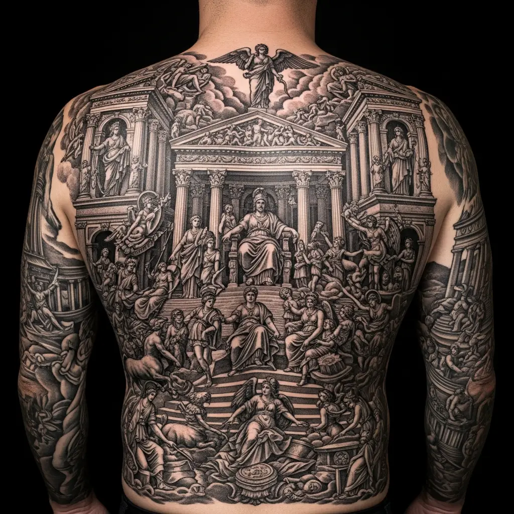 Grossformatiges Engraving Tattoo mit mythologischer Szene und Schraffurtechnik auf dem Rücken