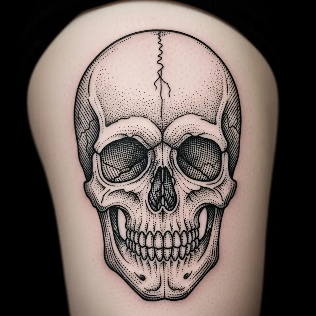 Engraving Tattoo eines Totenschädels mit Vanitas-Motiv und feinen Schraffurlinien am Oberschenkel
