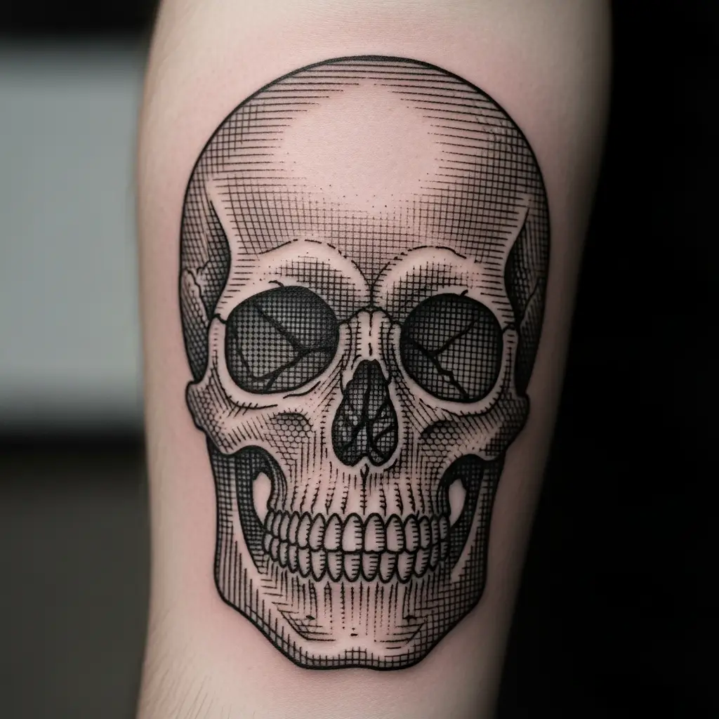 Etching Tattoo mit anatomischer Schädeldarstellung in feiner Schraffurtechnik