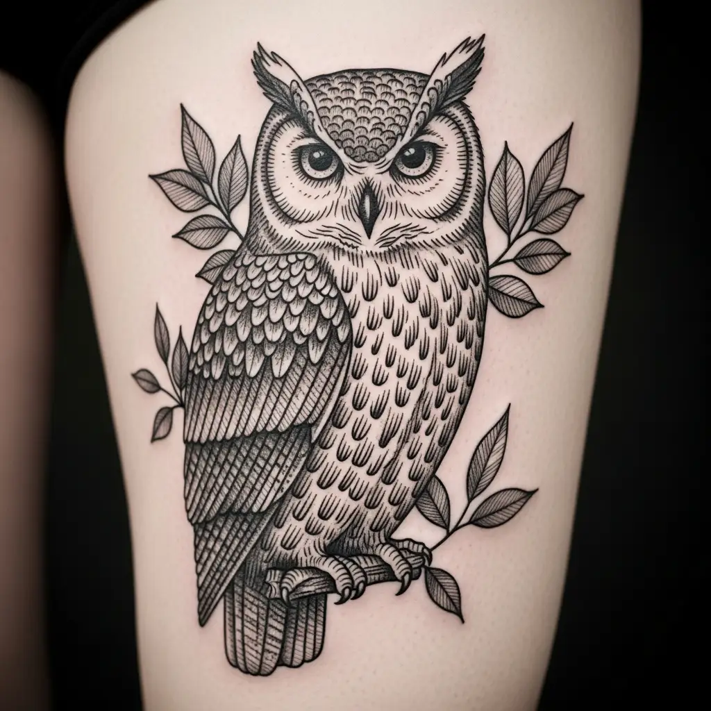 Etching Tattoo einer Eule mit botanischen Elementen auf dem Oberschenkel