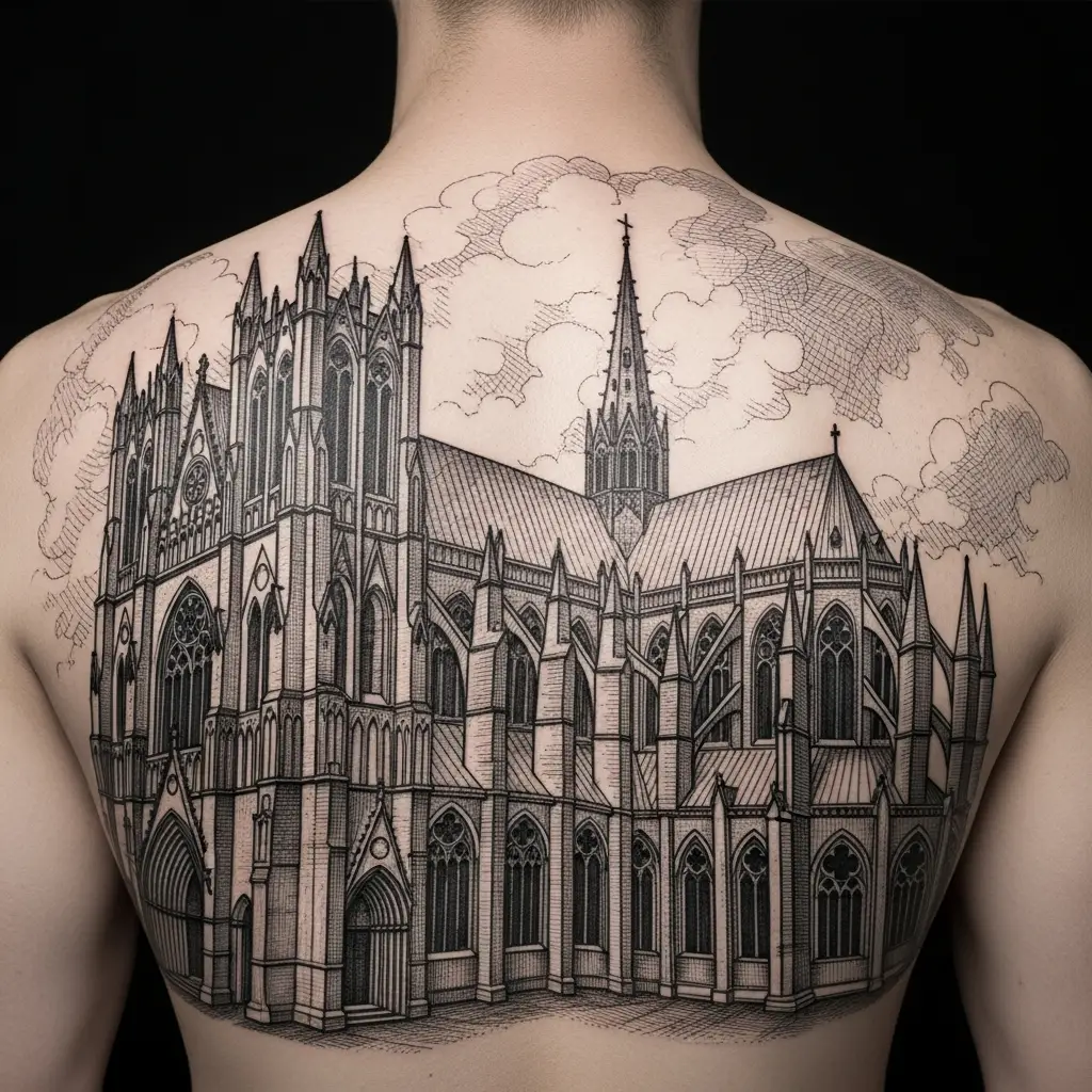 Grossformatiges Etching Tattoo mit gotischer Kathedrale auf dem Ruecken