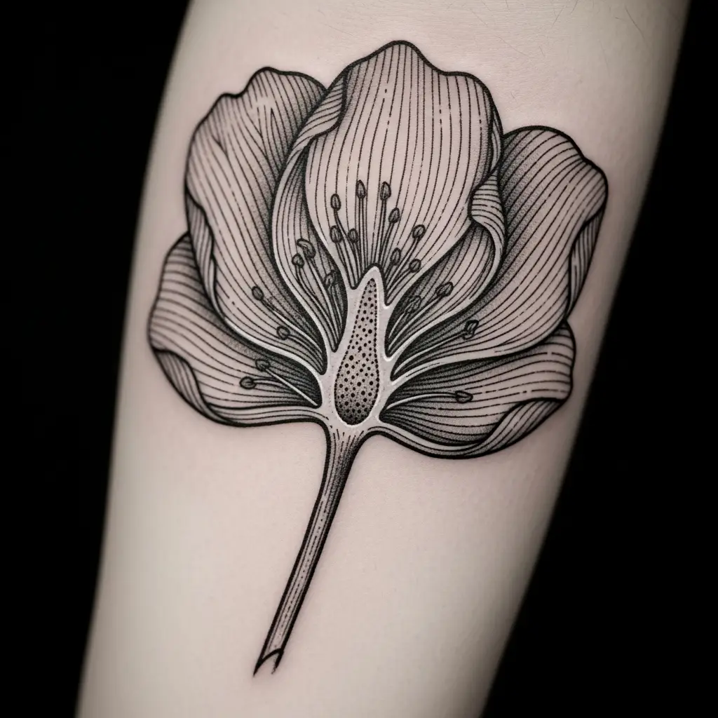 Detailaufnahme eines Etching Tattoos mit botanischer Illustration am Unterarm
