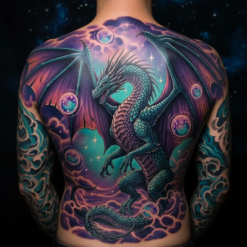 Fantasy Tattoo mit Drachen und magischen Lichtern auf dem Rücken