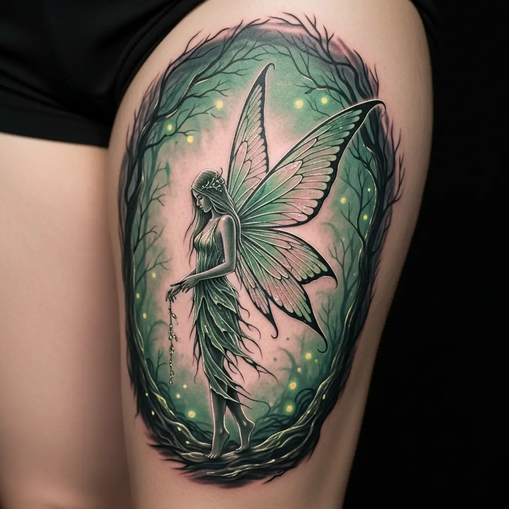 Detailreiches Fantasy Tattoo mit Feengestalt und Mondlicht auf dem Oberschenkel
