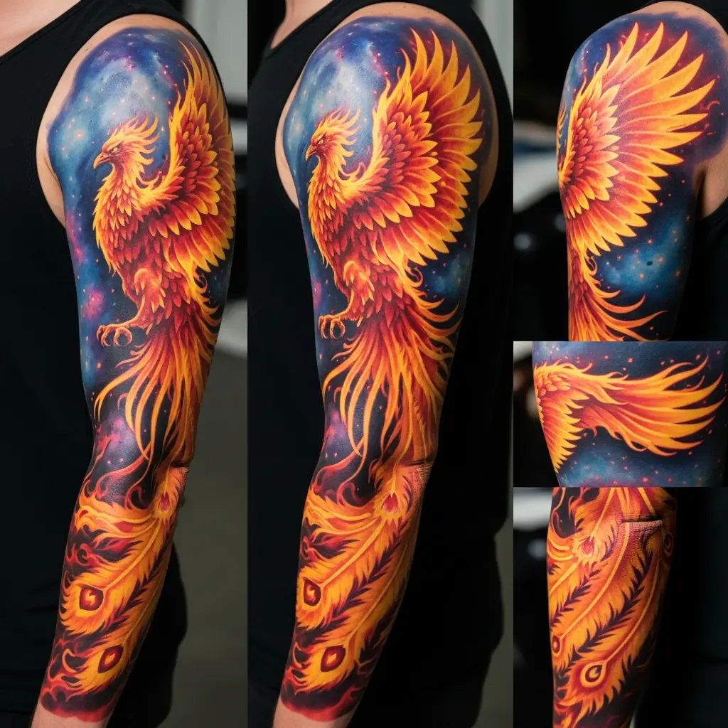 Fantasy Tattoo Sleeve mit Phönix und kosmischem Hintergrund am Arm
