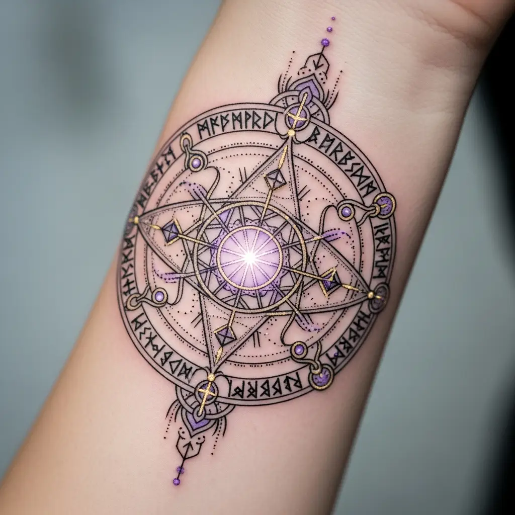 Kleines Fantasy Tattoo mit arkanen Runen und magischem Kreis am Handgelenk
