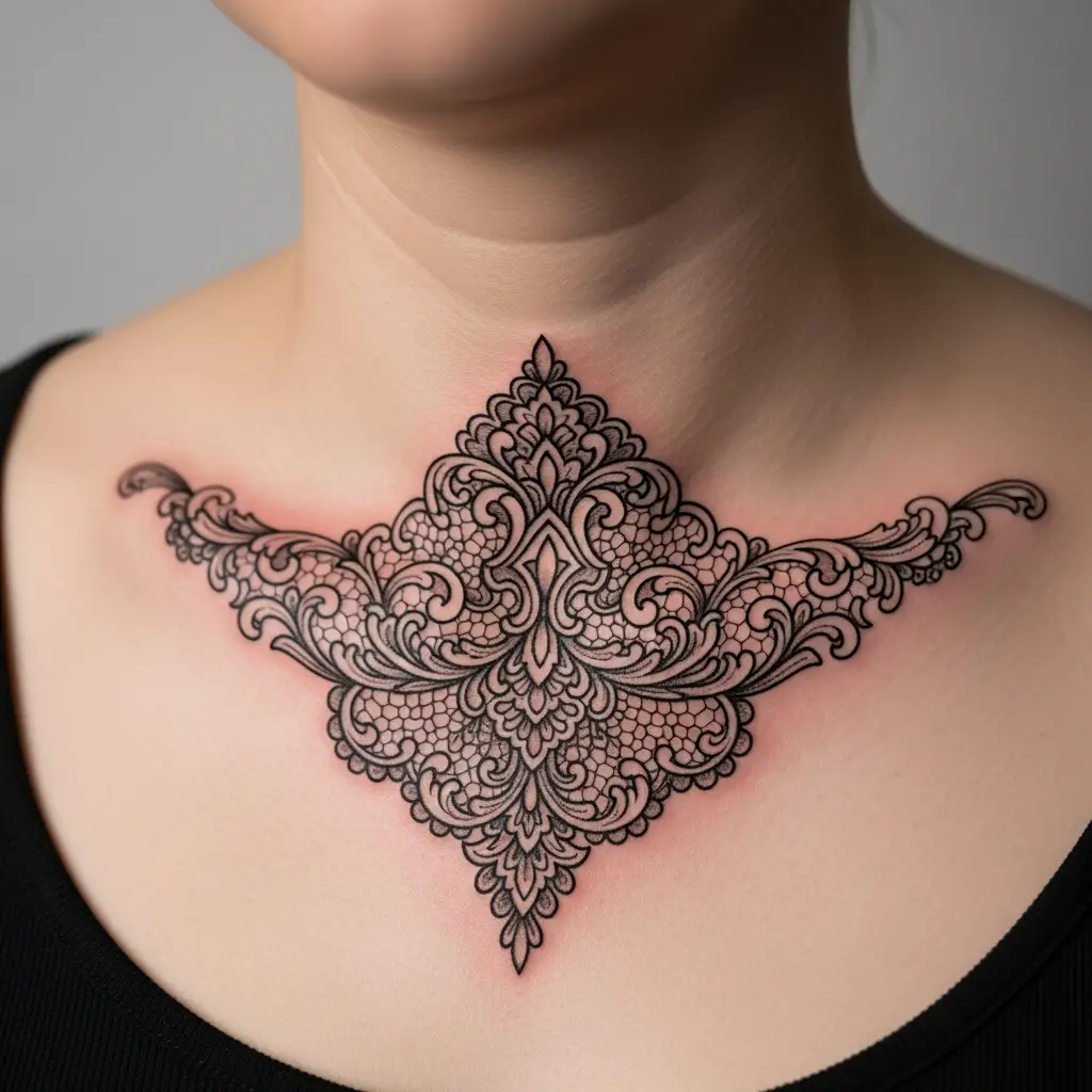 Filigree Tattoo mit floralen Ranken auf dem Schlüsselbein einer Frau