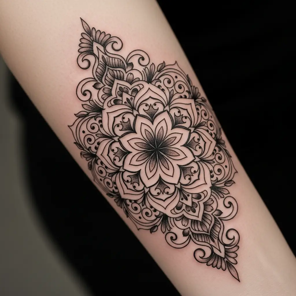 Detailaufnahme eines Filigree Tattoos mit Mandala-Ornamentik am Unterarm