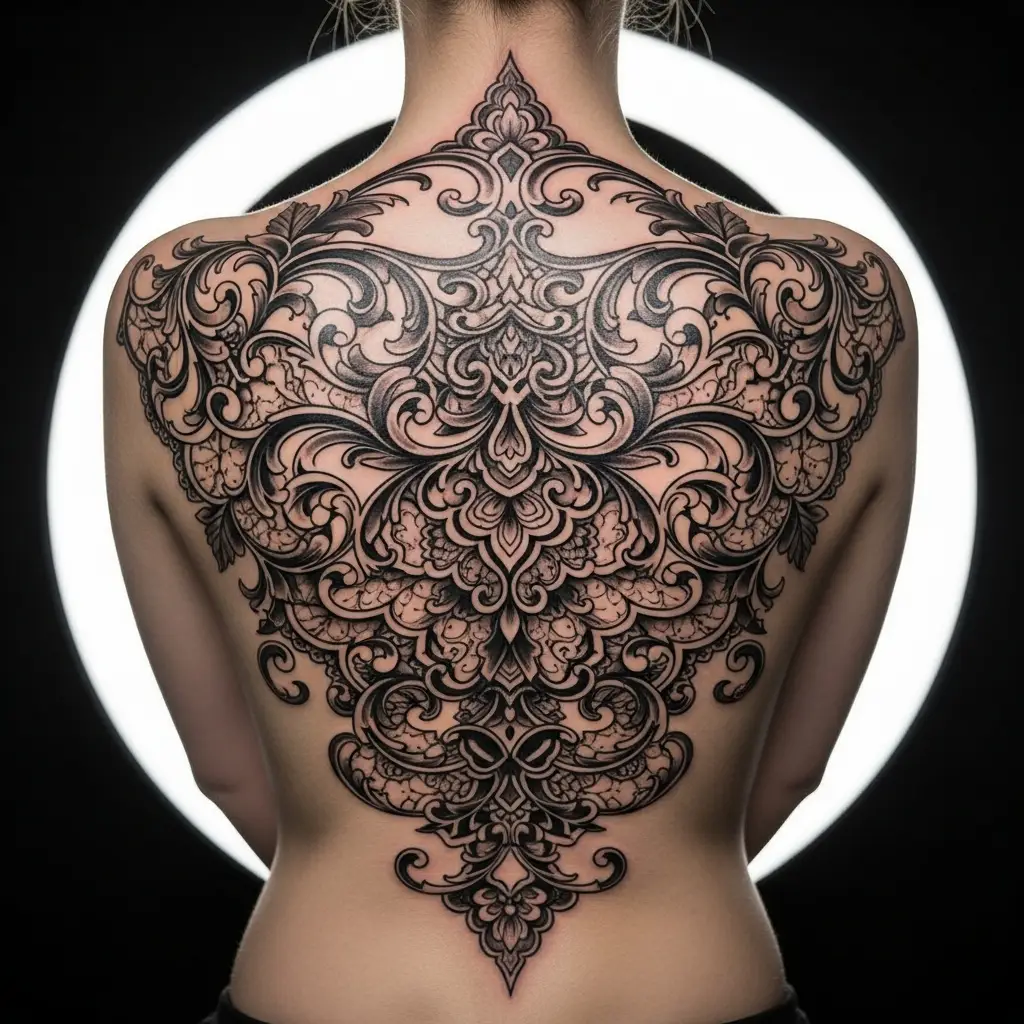 Grosses Filigree Tattoo mit gotischen Rankenmotiven auf dem Rücken