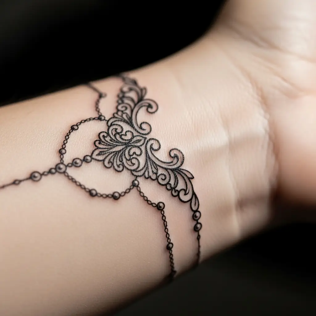 Filigree Tattoo als Schmuckimitat mit Kettendetails am Handgelenk
