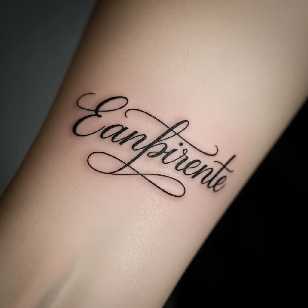 Fine Line Lettering Tattoo mit elegantem Kursivschriftzug am Unterarm