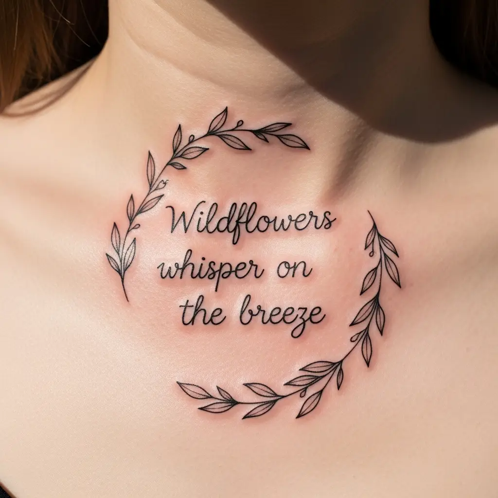 Zartes Fine Line Lettering Tattoo am Schlüsselbein mit botanischen Elementen