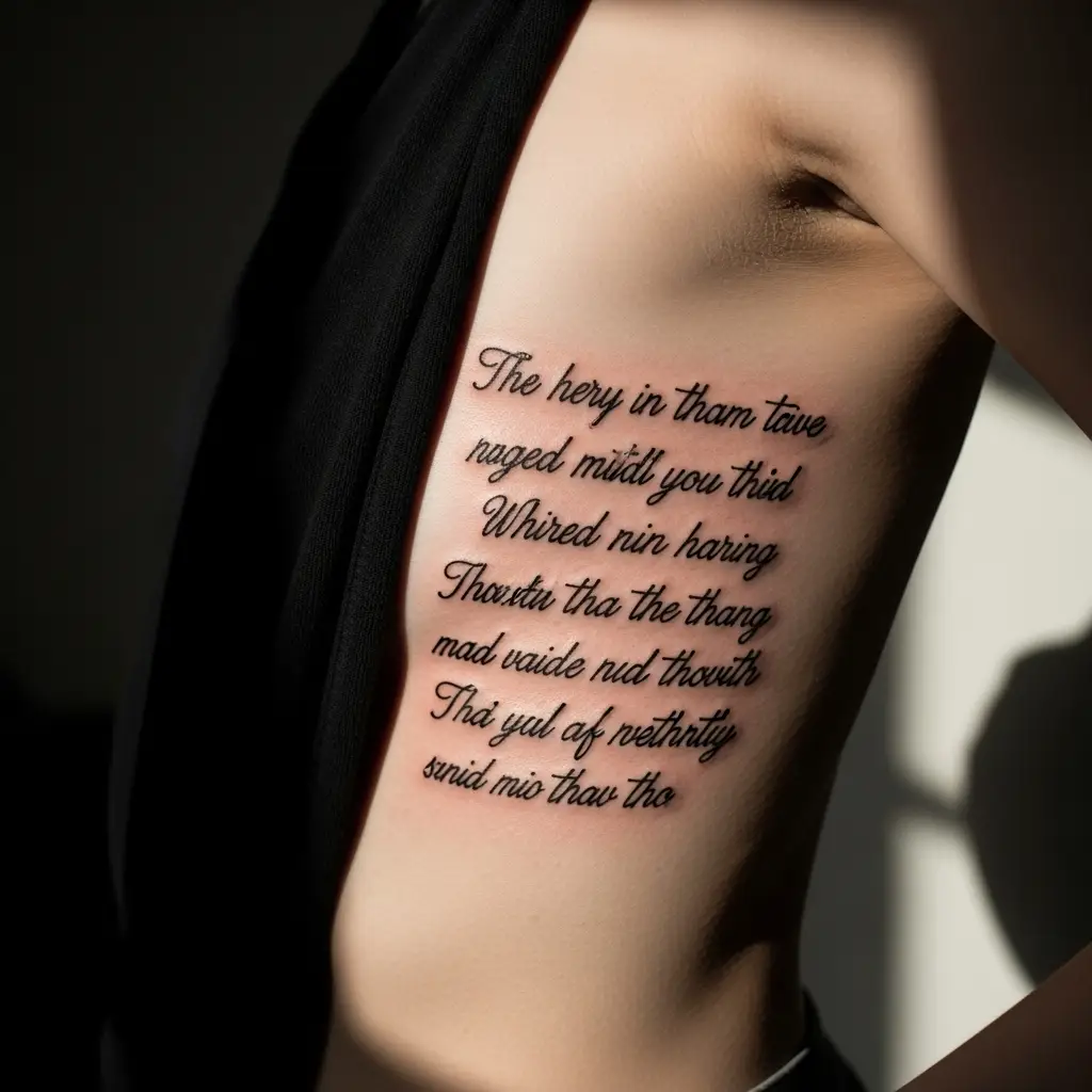 Mehrzeiliges Fine Line Lettering Tattoo mit Gedichtzitat an den Rippen