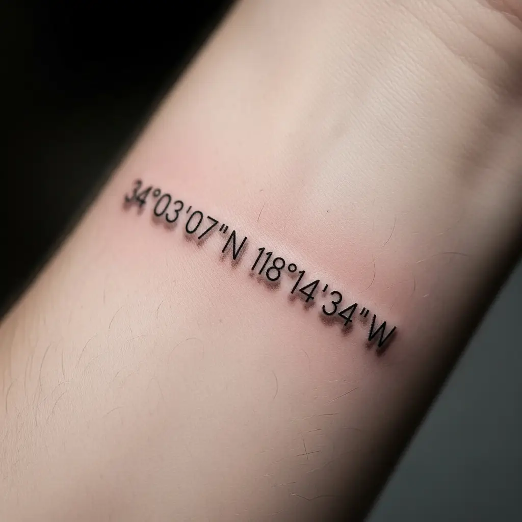 Fine Line Lettering Tattoo mit Drop-Shadow-Effekt und Koordinaten am Handgelenk