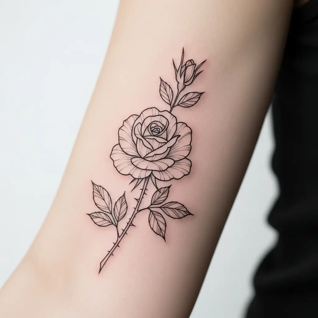 Fine Line Tattoo mit botanischem Rosenmotiv auf dem Unterarm einer Frau