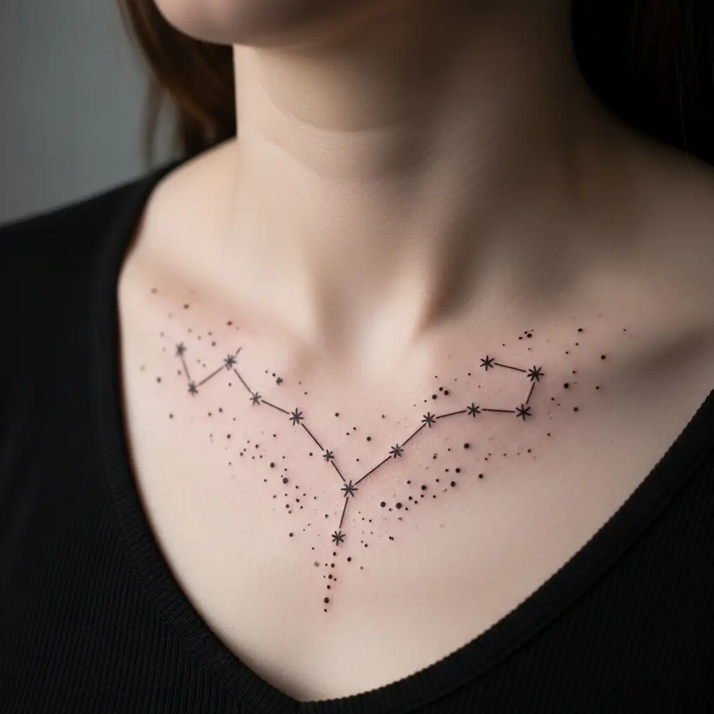 Fine Line Tattoo mit Sternbild-Motiv und feinen Linien auf dem Schlüsselbein
