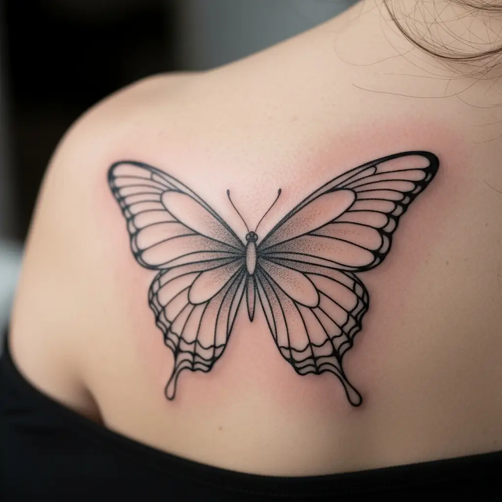 Fine Line Tattoo eines minimalistischen Schmetterlings auf dem Schulterblatt