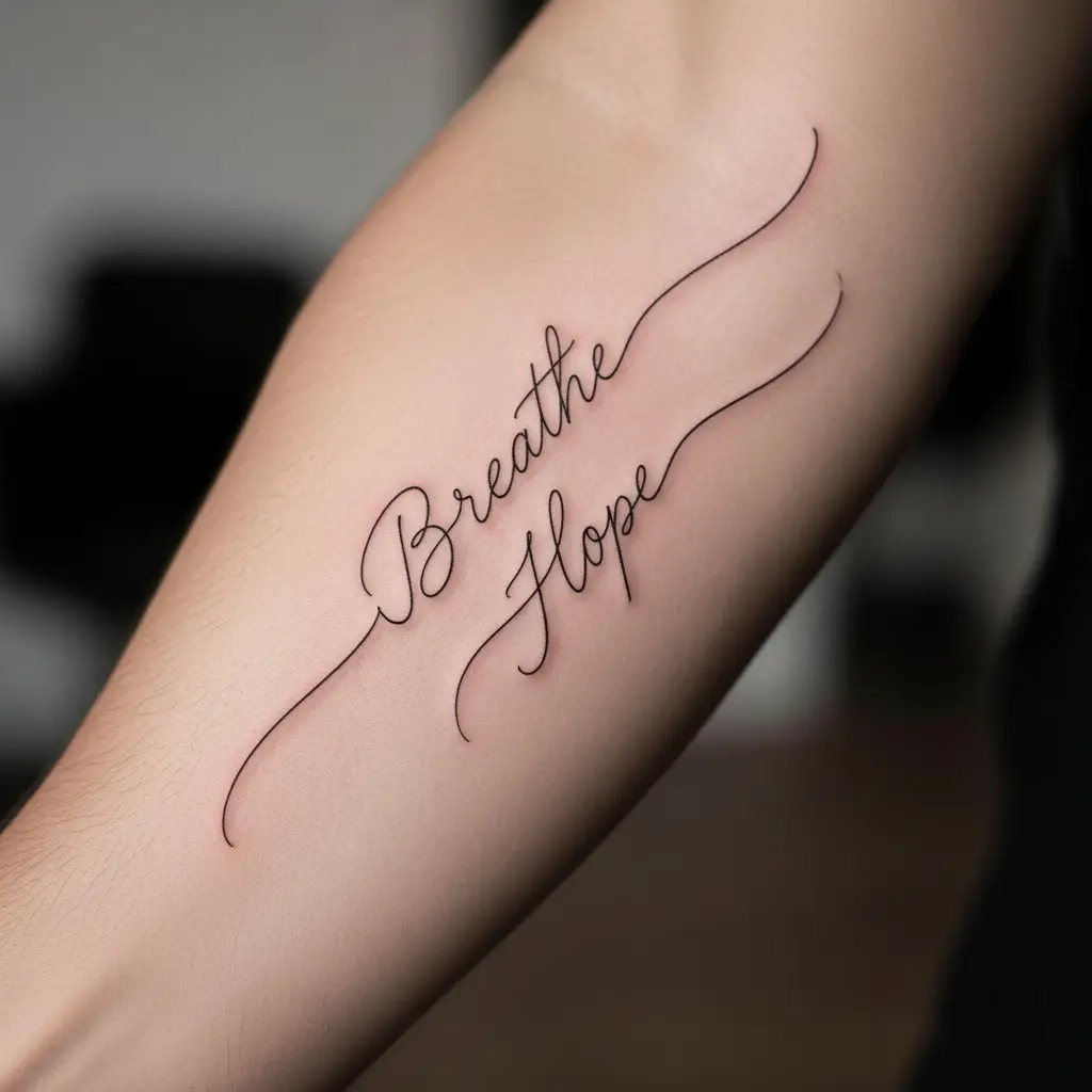 Fine Line Tattoo mit zartem Handwriting-Schriftzug auf dem Unterarm