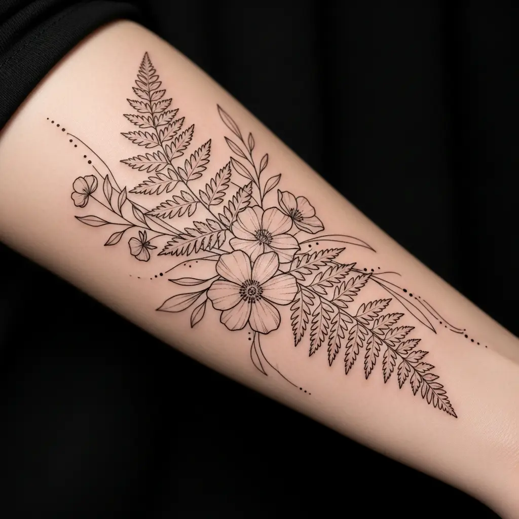 Fineline Tattoo mit botanischem Motiv auf dem Unterarm einer Frau