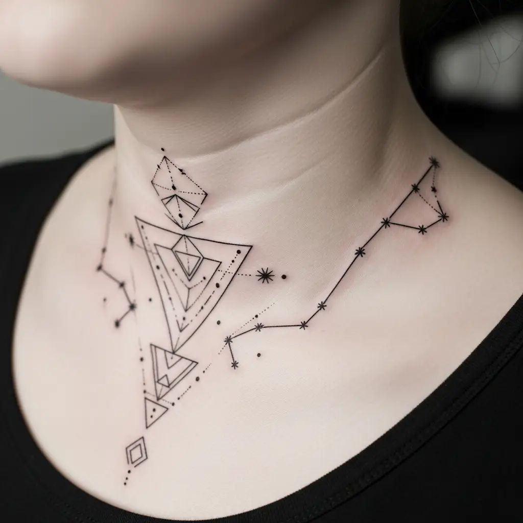 Zierliches Fineline Tattoo mit geometrischen Linien am Schluesselbein